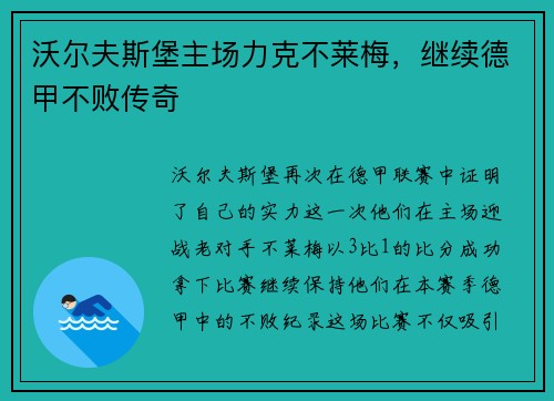 沃尔夫斯堡主场力克不莱梅，继续德甲不败传奇